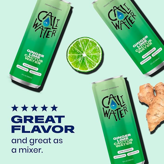 Caliwater - Organic Cactus Water - Ginger and Lime - 5g Sugar, 25 Calories - Coconut Water Alternative - Natural Plant Based Hydration - Skin Care, Electrolyte Drinks - Flavored Water - 12 Cans