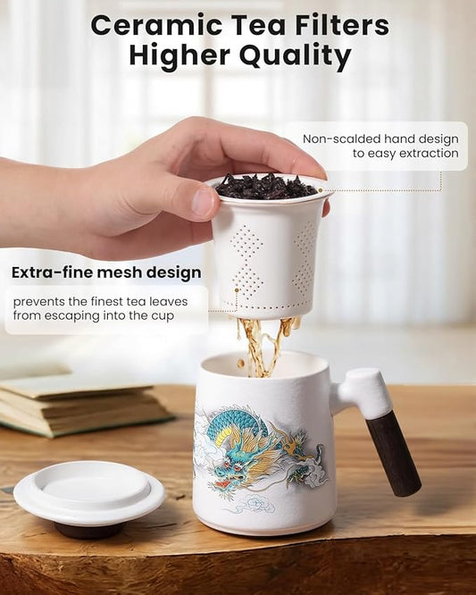 Porcelain Tea Cup with Infuser and Lid,Ceramic Tea Mug for Loose Leaf,Tea Strainer Cup with Wood Handle,Chinese Dragon White Cup,All Ceramic Infuser,BPA-Free for Tea Lovers/Birthday/Valentine's Day