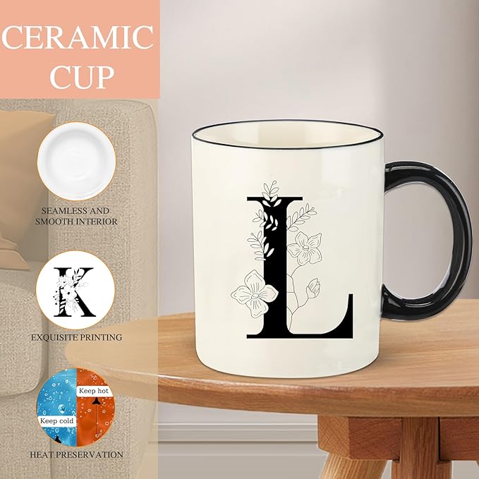 Monogram Ceramic Coffee Mugs, 11 oz Initial Drinking Cup with Gift Box, Unique Birthday Valentines Day Gifts for Women Wife Mothers Day Grandma Mom Aunt, L