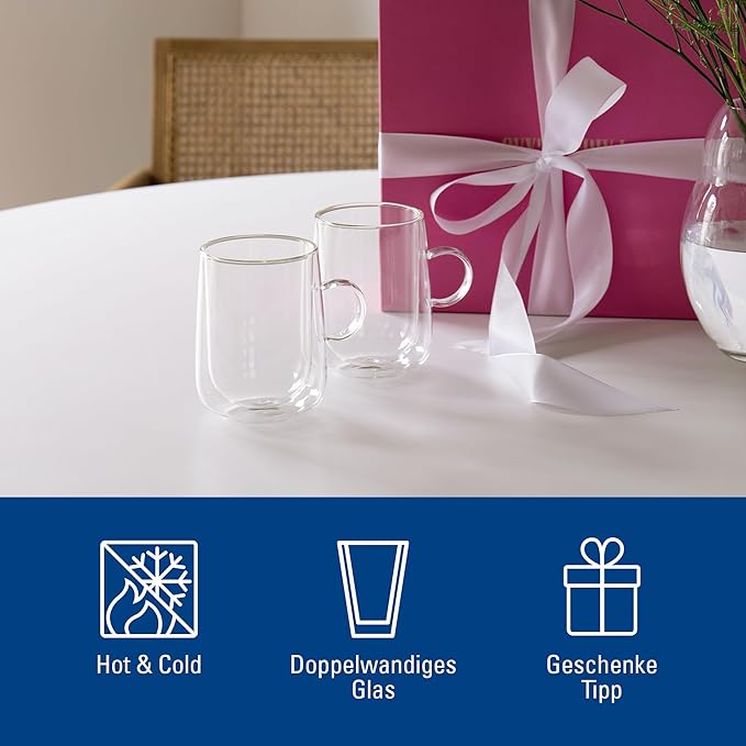 Villeroy & Boch Artesano Hot & Cold Beverages Latte Macchiato Glass Large, Set of 2 Glasses, Double-Walled Glasses for Cold and Hot Beverages, Borosilicate Glass, Dishwasher-Safe, Microwave-Safe