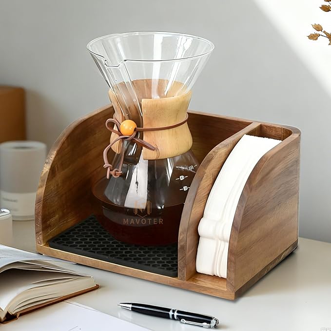 Acacia Coffee Bar Station Organizer Stand, Wooden Pour Over Maker Caddy Storage Organizers, Coffee Filter Holder for Countertop with Heatproof Mat (9.4*7*5.1 inch) Glass Cofee Maker not included