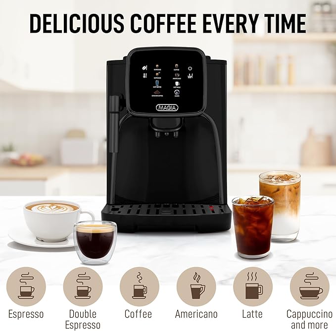 Zulay Kitchen Magia Clasica Automatic Espresso Machine with Built-In Grinder, Touch Panel Coffee Maker, Steam Wand Milk Frother, Adjustable Strength, Self-Cleaning, Black