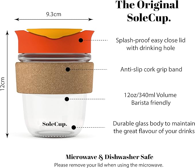 Reusable Strengthened Glass Travel Cup - Spill Proof Insulated Coffee Mug - 12oz/340ml BPA-Free Hot Drink Travel Mug with Lid & Cork Band (Red, 12oz)