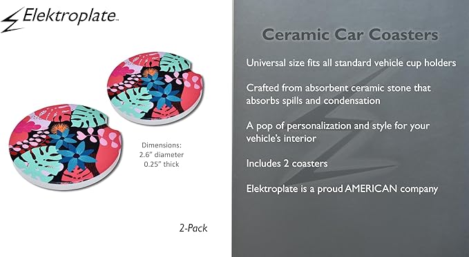 Elektroplate Tropical Floral Automotive Ceramic Coasters (2.6" Diameter) | Universal Fit for All Cars, Trucks, SUVs, and More | Absorbent Non-Slip Durable | Set of 2