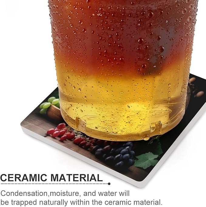Square-6PCS Red Wine Ceramic Coasters, Square Absorbent Drink Coasters, Retro Wood Style Red Wine Bottle and Grapes Plant Pattern Ceramic Table Coasters for Coffee, Beverage, Wine, Beer Coasters
