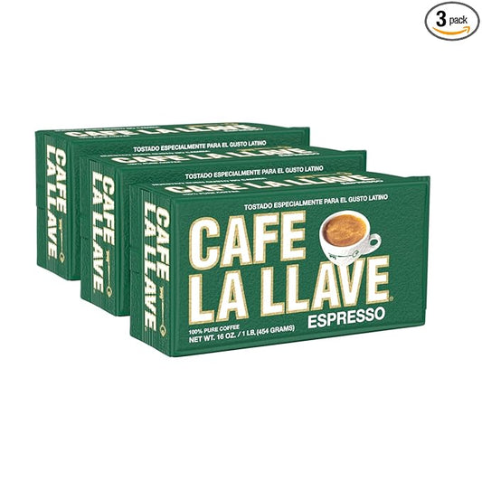 Cafe La Llave Dark Roast Ground Espresso Coffee, 16 oz Bricks (Pack of 3) – Cuban Style, Bold & Rich Flavor, for Espresso, Moka Pot & Drip
