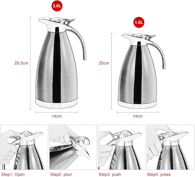 Fdit 1.5L/2L Coffee Tea Pot Stainless Steel Double Wall Vacuum Insulated Pot Jug Hot Water Bottle(Silver 2L)
