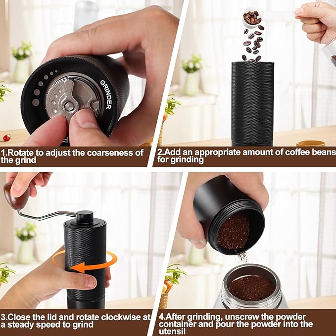 Manual Coffee Grinder Non-Detachable Stainless Steel Conical Burr Aluminum Coffee Bean Grinder with 25 Grinding Settings Cleaning Brush Grindable Espresso Moka Pot French Press for Camping Black