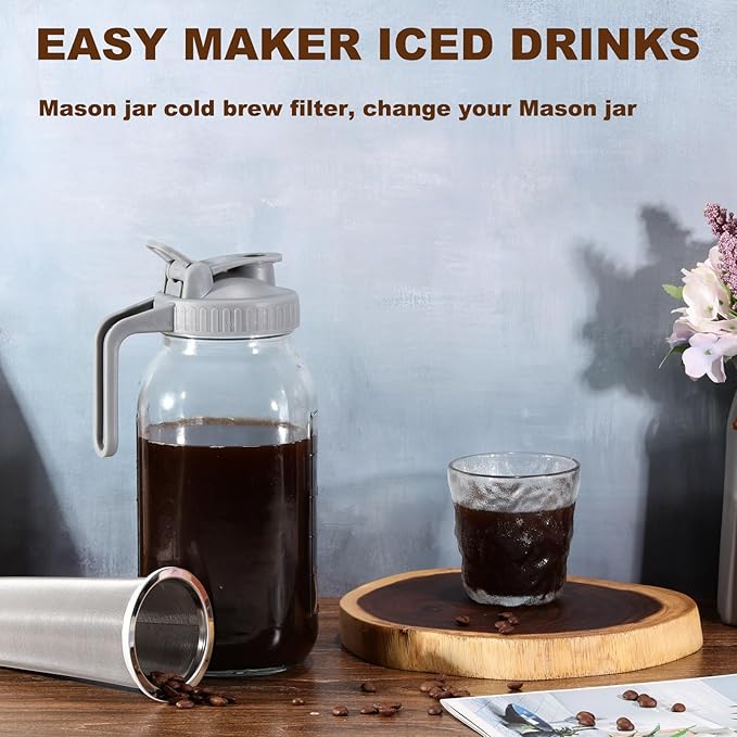 Cold Brew Coffee Filter with Pour Spout Lid for 32 OZ Wide Mouth Mason Jar, 304 Stainless Steel Strainer with Seal Ring for Iced Drinks, Sun Tea Infuser and Cold Brew Coffee Maker