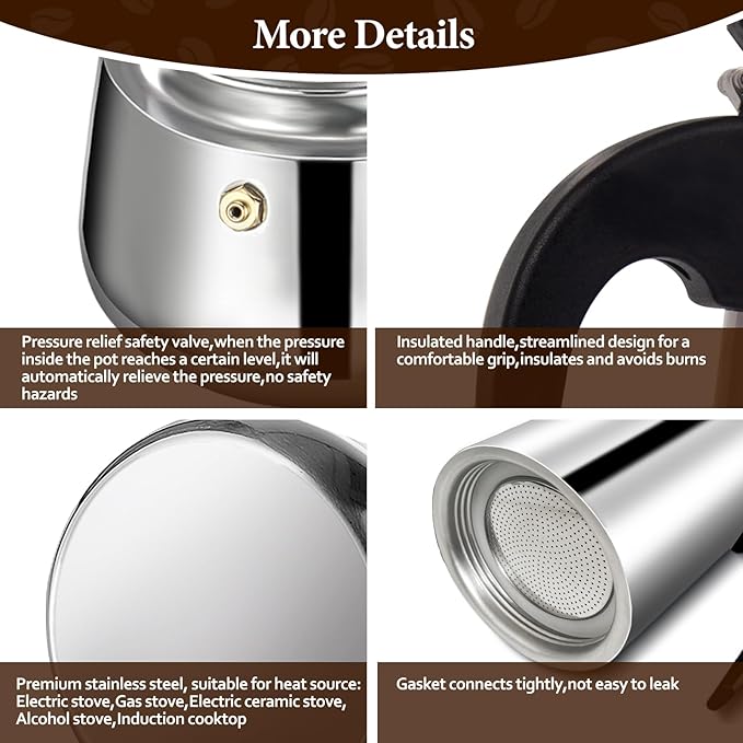 6 Cup Moka Pot Percolator Italian Coffee Maker 300ml Stovetop Espresso Mocha Stainless Steel Greca Coffee Maker Classic Cafe Makers Suitable for Induction Cookers Ceramic Stoves Straight