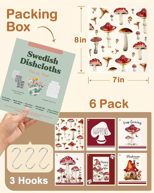 Kitchen Swedish Dishcloths with Hooks - 6 Pack Reusable Dish Cloths for Washing Dishes Fast Drying Cute Fun Swedish Dish Towels Washable Cleaning Sponge, Red Swamm