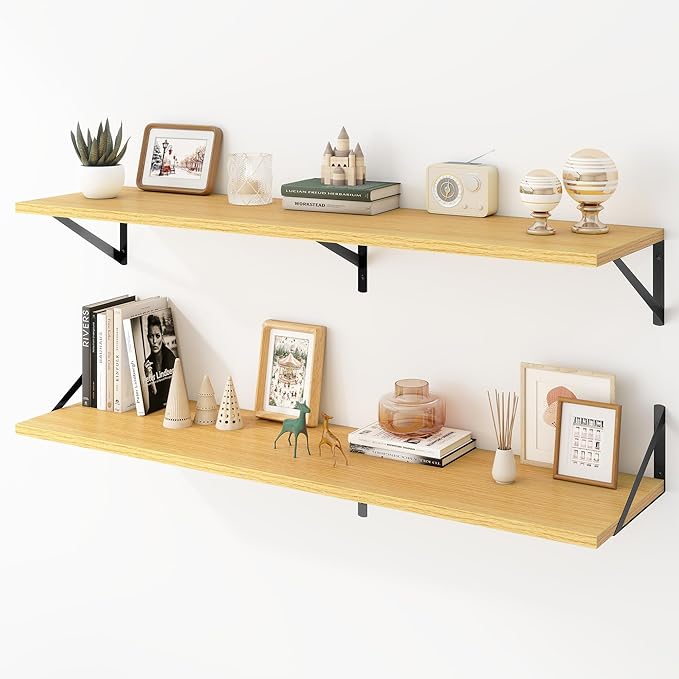 Deep Floating Shelves Wall Mounted, 48"x12" Oak Wall Shelves with Brackets Set of 2 for Bedroom, Living Room, Bathroom, Kitchen, Office - Storage & Display Shelf for Decor, Books, Plants