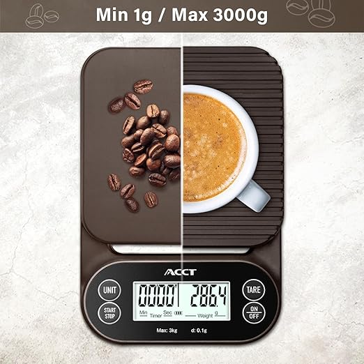ACCT Coffee Scale with Timer - 3kg/0.1g Barista Scale for Espresso, Pour Over & Kitchen Use, 4 Units, High Precision Scale with Non-Slip Mat