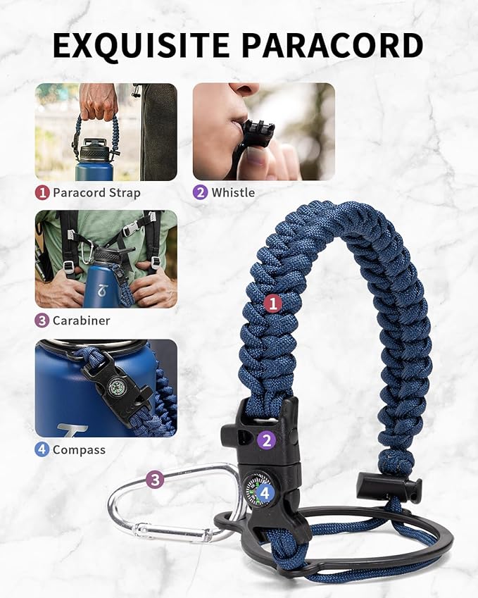 Trebo Water Bottle 40oz with Paracord Handle, Half Gallon Large Vacuum Double Wall Stainless Steel Insulated Water Jug with Holder Strap Straw Spout Lids, Leakproof Keep Cold & Hot,Classic Blue