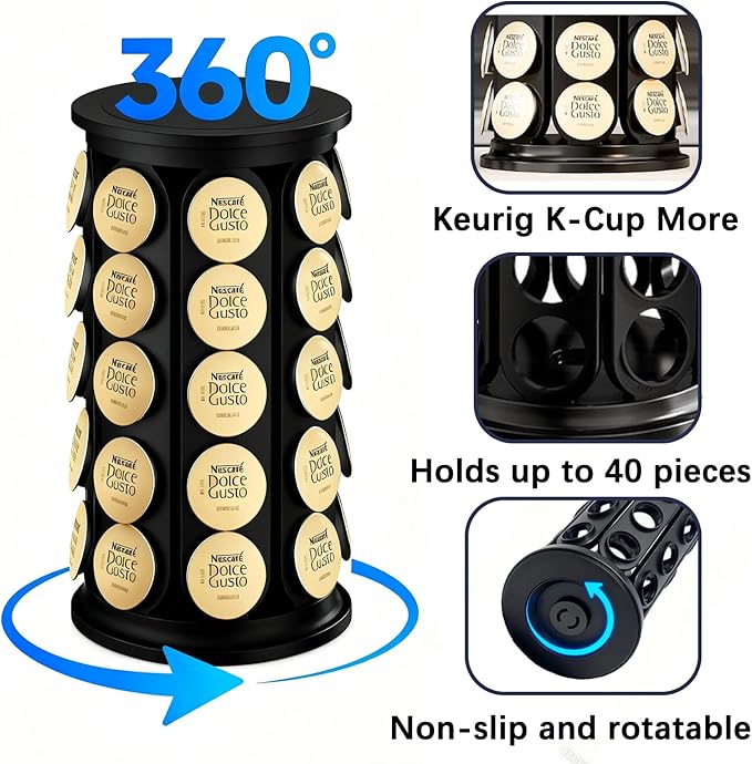 Holder Organizer for 40 Capsules,Rotary Carousel Storage Rack with Detachable Base,Space-Saving for Kitchen,Office,Countertop,or Coffee Station,Modern Black Design