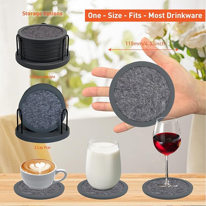 Set of 6 Non-Slip Silicone Coasters with Holder, Double-Sided Absorbent for Hot/Cold Drinks, Scratch & Water Ring Protection for Wood Tables, Home Office Bar, Black Gold Marble (Grey)