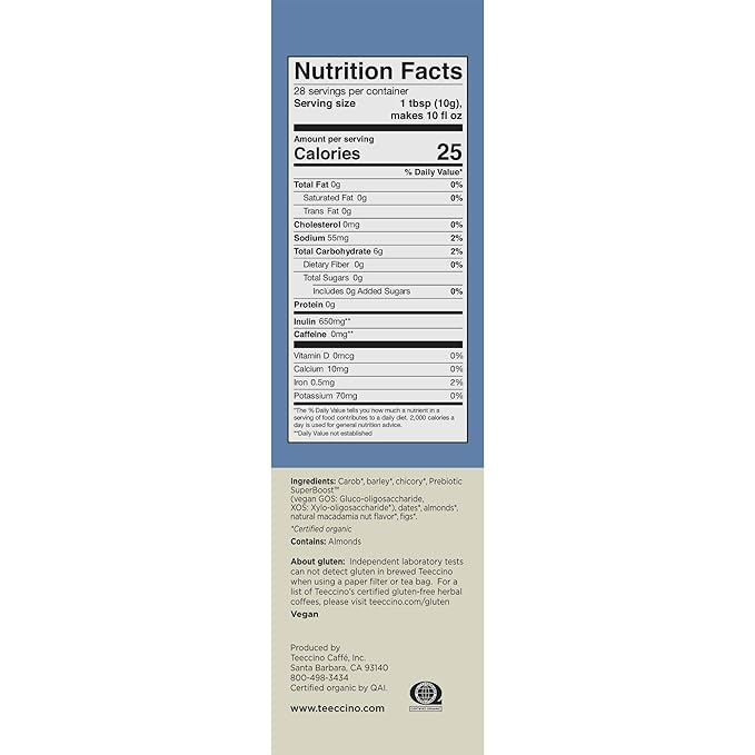 Teeccino Macadamia Nut Prebiotic SuperBoost™ Coffee Alternative - 10 Ounce - Support Your Probiotics with Caffeine-Free Herbal Coffee Featuring 3 Vegan Prebiotics for Good Gut Health & Regularity