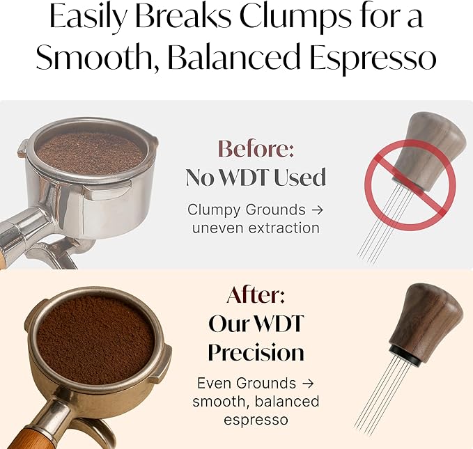 WDT Espresso Distribution Tool – Coffee Distributor with Walnut Wood Handle – With 7 x 0.35mm 304 Stainless Steel Needles + 7 Extra Needles – For Even Espresso Extraction & Crema – Black & Walnut