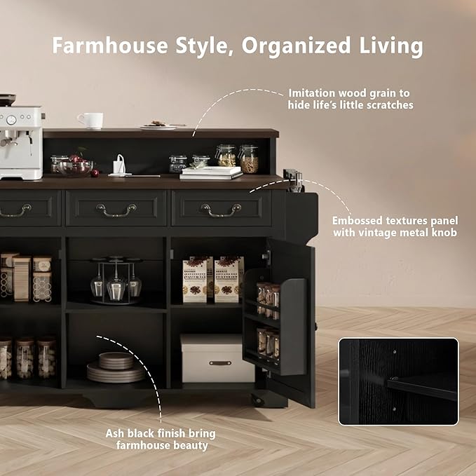 Rolling Kitchen Island with Two-Tier Bar Counter and Power Outlets, 3 Drawers & 4 Door Shelves, Mobile Kitchen Cart with Storage Cabinets & Locking Wheels for Dining Room & Kitchen, 53-Inch, Ash Black