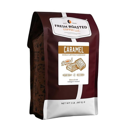 Fresh Roasted Coffee, Decaf Caramel Flavored Coffee, 2 lb (32 oz), Medium Roast, Kosher, Whole Bean