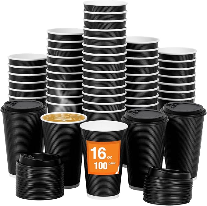 Coolcap 100 Pack 16 oz Disposable Coffee Cups with Lids and Straws, Insulated Ripple Wall To Go Paper Corrugated Cups, Bulk for Hot/Cold Drinks, Cafe Bar, Office, Chocolate, Cocoa (Black)