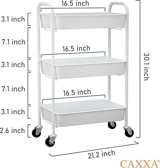 CAXXA 3-Tier Rolling Metal Storage Organizer - Mobile Utility Cart Kitchen Cart with Caster Wheels, White