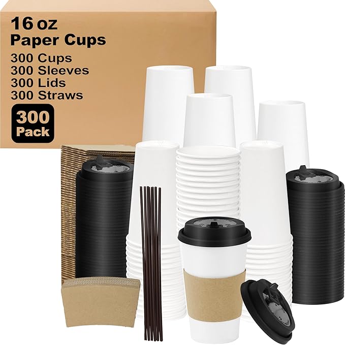 Coolcap 16 oz 300 Pack Coffee Cups with Lids and Sleeves, Straws, Hot Disposable To Go Travel Paper Cups Bulk for Office, Home Coffee Bar Accessories, Chocolate, Cocoa, Beverage (White)