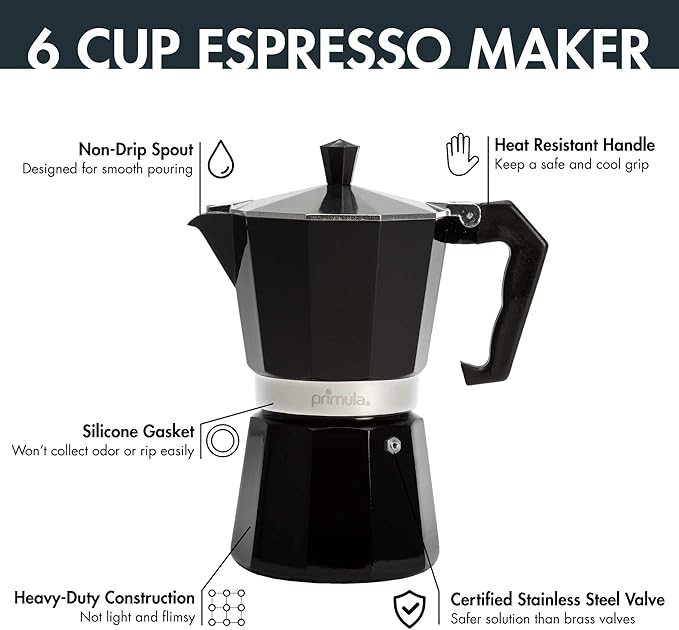 Primula Classic Stovetop Espresso and Coffee Maker,Moka Pot for Italian and Cuban Café Brewing,Greca Coffee Maker,Cafeteras,6 Espresso Cups,Black,(Pack of 4)