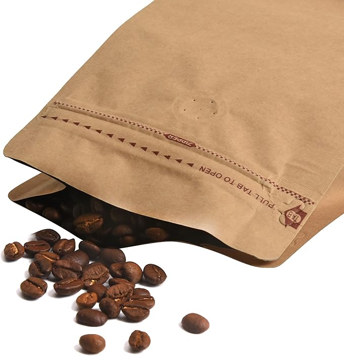 100 Count 16oz/1lb Kraft Paper Coffee Bags - High Barrier Kraft & Foil Liner - Flat Bottom Coffee Pouches with Degassing Valve, Rsealable Zipper & Easy Open Tape (100pcs)