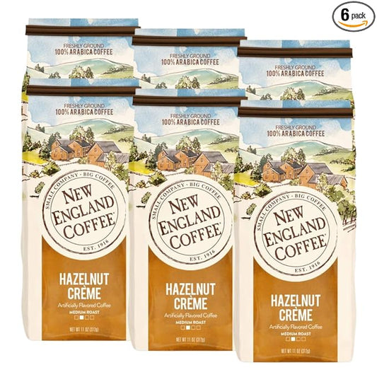New England Coffee Hazelnut Crème Medium Roast Ground Coffee, 11oz Bag (Pack of 6)