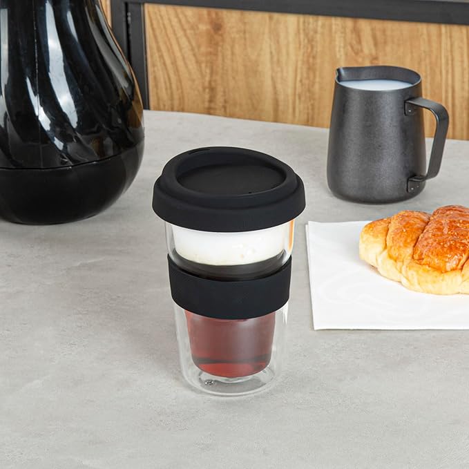 Restaurantware - Forma Professional 13.5 Ounce Insulated Travel Mugs, 10 Double Wall Coffee Mugs - Includes Lids And Sleeves, Reusable, Clear Borosilicate Glass Tumblers, Dishwashable, Microwavable