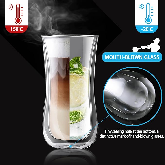 Joeyan Glass Double Walled Beer Drinking Glasses Tumbler, Double Layer Tall Borosilicate Insulated Water Cocktail Glass Cups, Double Lined Thermo Tea Coffee Hot Beverage Glassware 12 oz, Set of 2