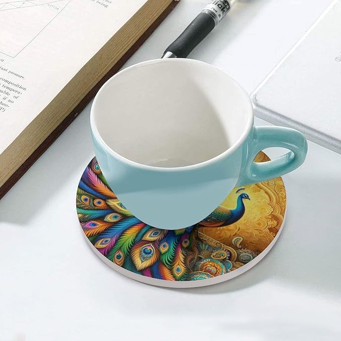 Peacock Drink Coasters, Round Ceramic Drink Coaster Round-4PCS, Beautiful Colorful Floral Peacock Boho Art Pattren Decor Absorbent Ceramic Coasters for Beverage Cup, Bar, Coffee Table