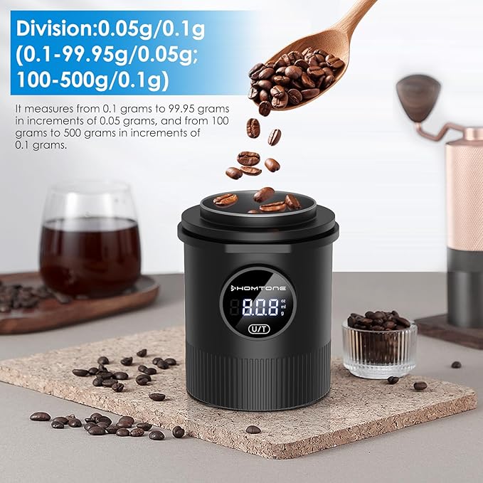 HOMTONE Espresso Dosing Cup & Digital Scale Combo - 0.05g Precision, USB-C Rechargeable, 58mm Portafilter Compatible - Stainless Steel Interior, Black