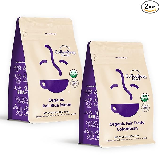 Coffee Bean Direct Organic Single Origin Coffee Variety Bundle – Bali Blue Moon & Colombian, Whole Bean, Light Roast, 1 Pound Bags (Pack of 2)