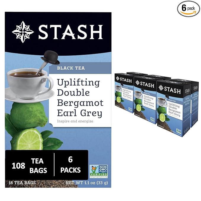 Stash Tea Double Bergamot Earl Grey Black Tea - Caffeinated, Non-GMO Project Verified Premium Tea with No Artificial Ingredients, 18 Count (Pack of 6) - 108 Bags Total