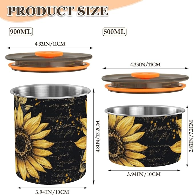 ALAZA Sunflower Vintage Airtight Coffee Bean Canister Customed 500ml Food Storage Containers with Lids For Gournd, Tea, Sugar, Flour, Rice, Cereal, Candy Cookie Jar