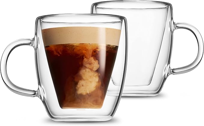 Godinger Coffee Mug Set, Glass Coffee Mugs, Double Wall Insulated Glass Coffee Cups, Espresso Cups, Tea Cup - 13.5oz, Set of 2