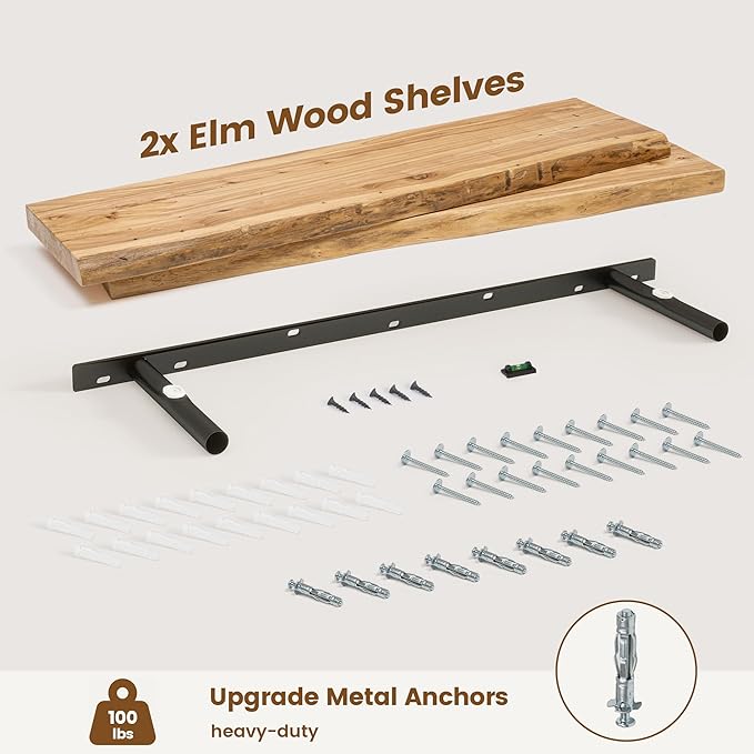 Live Edge Elm Floating Shelves for Wall Decor, Rustic Solid Wood Shevles Wall Mounted with Invisible Bracket for Living Room Bathroom Bedroom Kitchen, 36 Inch Set of 2, Natural