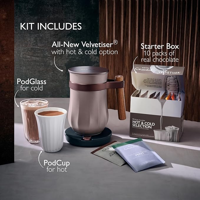 Hot & Cold Drinking Chocolate System - The ALL-NEW Velvetiser from Hotel Chocolat - Kit includes hot chocolate maker, 10 serving taster box, mug and glass - Pewter Edition