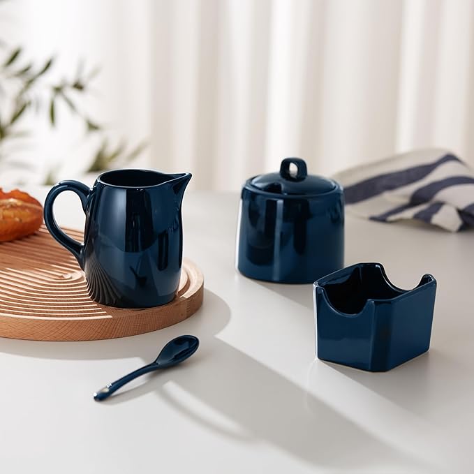 KooK Sugar and Creamer Set, 3 Piece, Pitcher, Sugar Bowl with Lid and Spoon, Sweetener Holder (Navy)