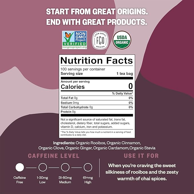 FGO Organic Rooibos Chai Tea, 100 Count, Eco-Conscious Tea Bags, Resealable Bag, Packaging May Vary (Pack of 1)