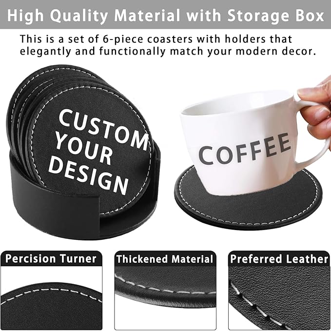 Personalized Coasters, Custom Set of 6 Leather Coaster for Drinks with Holder, DIY Name/Photo/Logo, Non-Slip, Heat Resistant, Waterproof for Coffee Table Bar Beer Wine Cup Housewarming