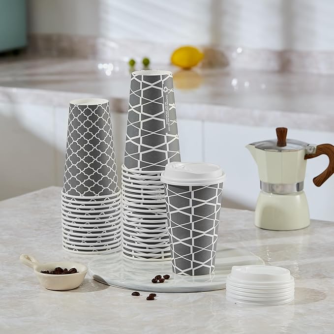 JOLLY PARTY Disposable Coffee Cups with Lids -16 oz (100 Sets) To Go Cups, Paper Coffee Cups for Beverages Espresso Tea, Suitable for Cafes, Offices and Home