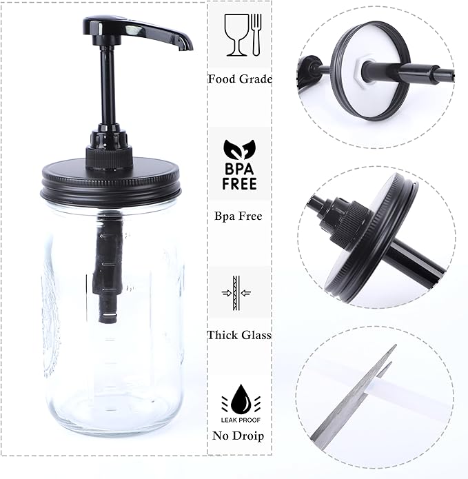 GMEPOCH 32 oz Mason Syrup Sauce Honey Dispenser Pump Bottle 1 Quart Wide Mouth Glass Coffee Syrup Condiment Ketchup Container Food Grade Airtight & Leak-Proof