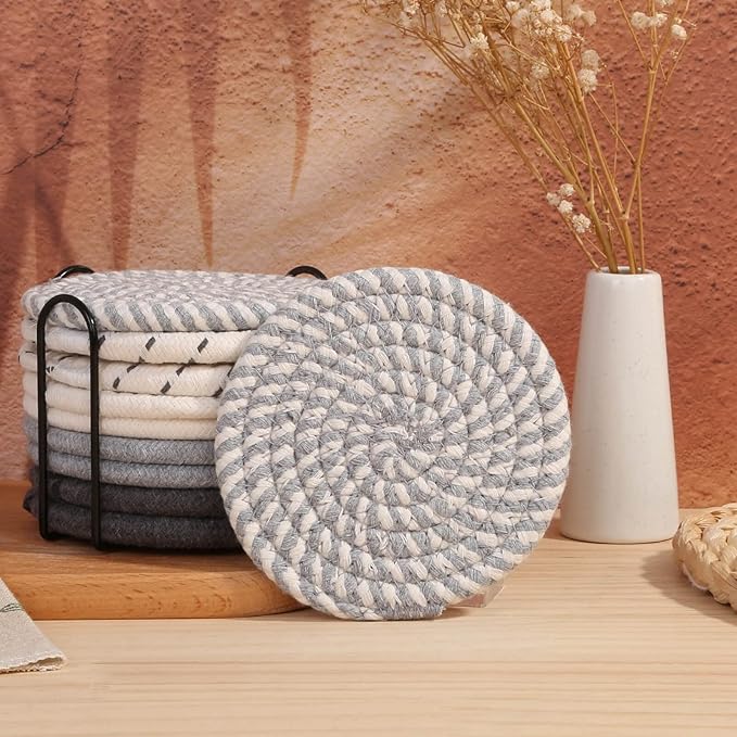 Billbotk 10 Pieces Coasters for Drink Absorbent, 5 Colors Drink Coasters with Holder, Woven Coasters Set for Coffee Table, Wooden Table Decor, Home Decor, 4.3 Inches