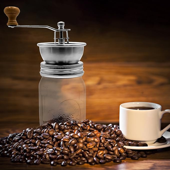 Mason Jar Coffee Grinder, Manual Coffee Grinder Lid Attachment for Regular Mouth Mason Jars, Stainless Steel Mason Jar Lid and Ceramic Burr, Ideal for Camping & Home Barista