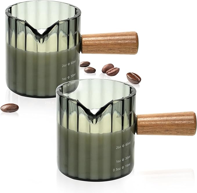 Espresso Cups Set of 2, 4 OZ Espresso Shot Glasses with Wood Handle, V-Shaped Spouts Cups, Ribbed Milk Frothing Pitcher, Glass Measuring Cup, Coffee Espresso Accessories, Demitasse Cups, Small (Gray)