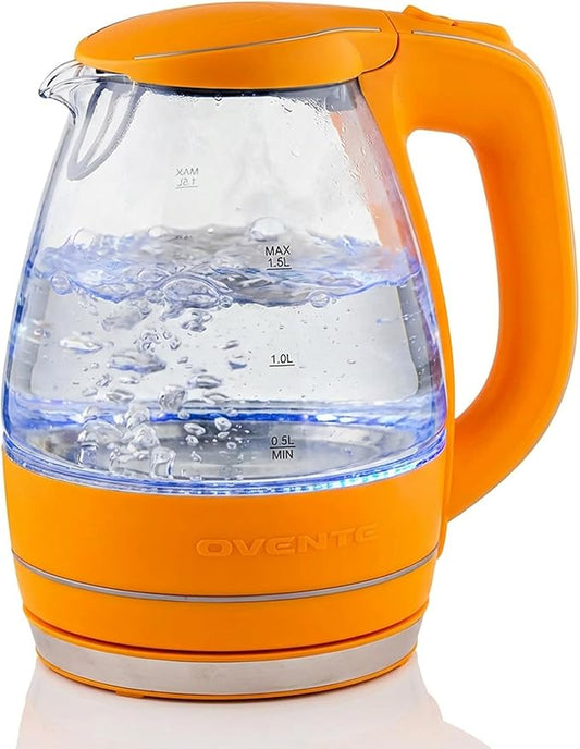 OVENTE Electric Kettle, 1.5L Borosilicate Glass Countertop Water Heater and Boiler for Coffee or Tea, BPA-Free, Auto Shut-Off, Boil-Dry Protection, Removable and Washable Spout Filter, Orange KG83O