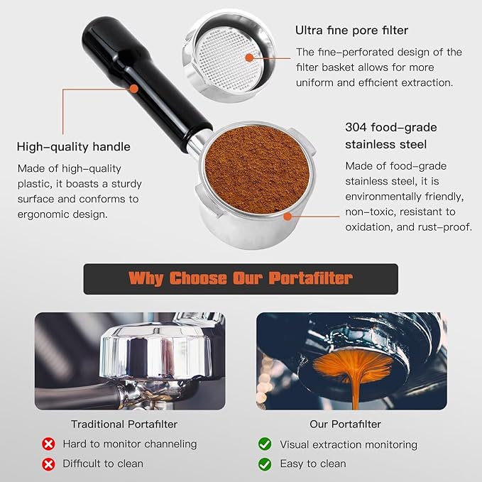 HEKUTU Bottomless Portafilter with Stainless Steel Filter Basket Fit 51 mm for Delonghi Dedica Style Series ECP3420/ECP3120/EC155/BCO430/EC260 Espresso Machine